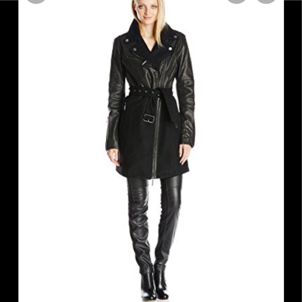 BCBGMAXAZRIA NWT JOHNNA real leather and wool asymmetric zip front coat